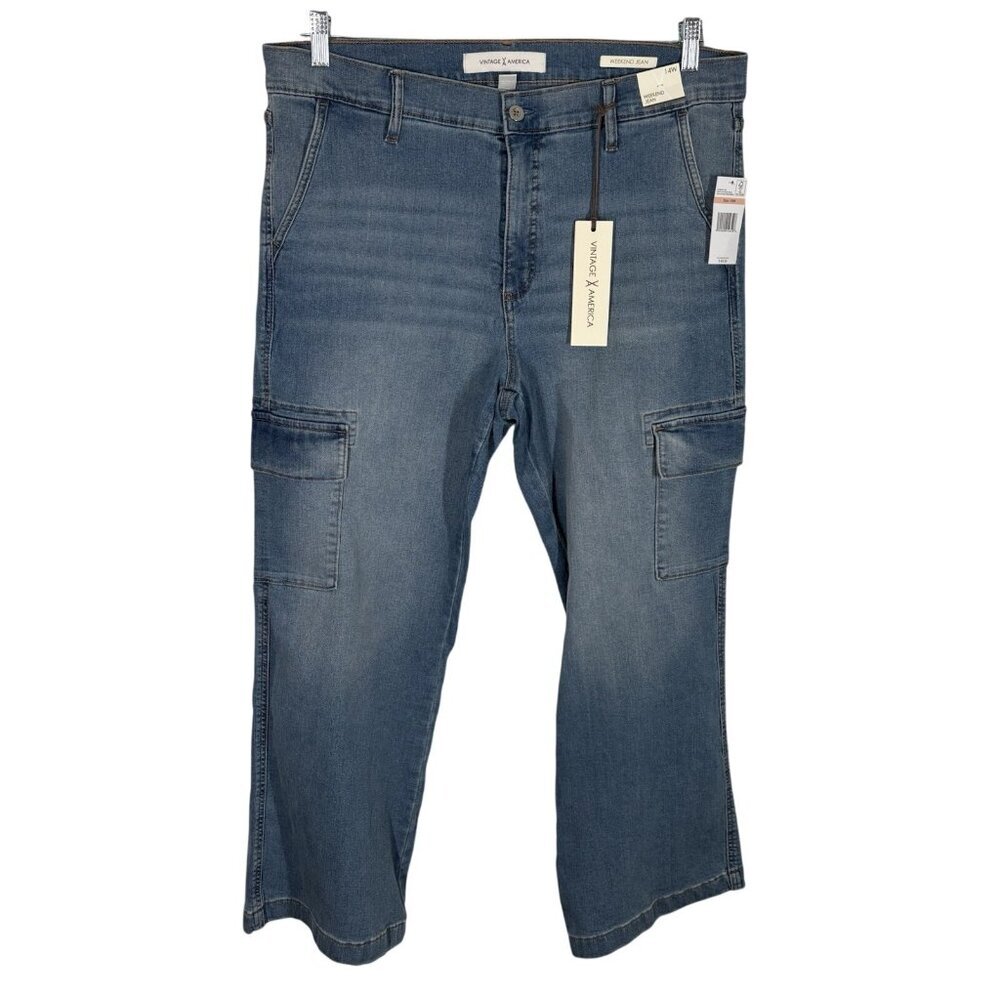 Vintage America Women 14W Blue Denim Jenna Cargo Boot Weekend Jean NWT